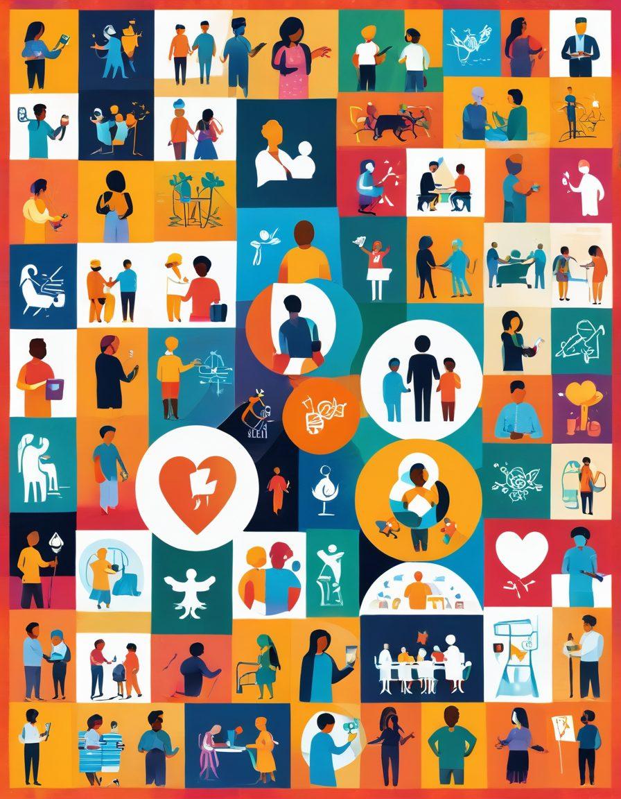 A vibrant, collage-style illustration featuring diverse adults engaging in various services and community activities, with icons representing connection, support, and engagement. Incorporate imagery of people networking, colorful symbols of adult services, and lively community scenes. The background should evoke a sense of inclusivity and fun. bright colors. dynamic composition. vector art.
