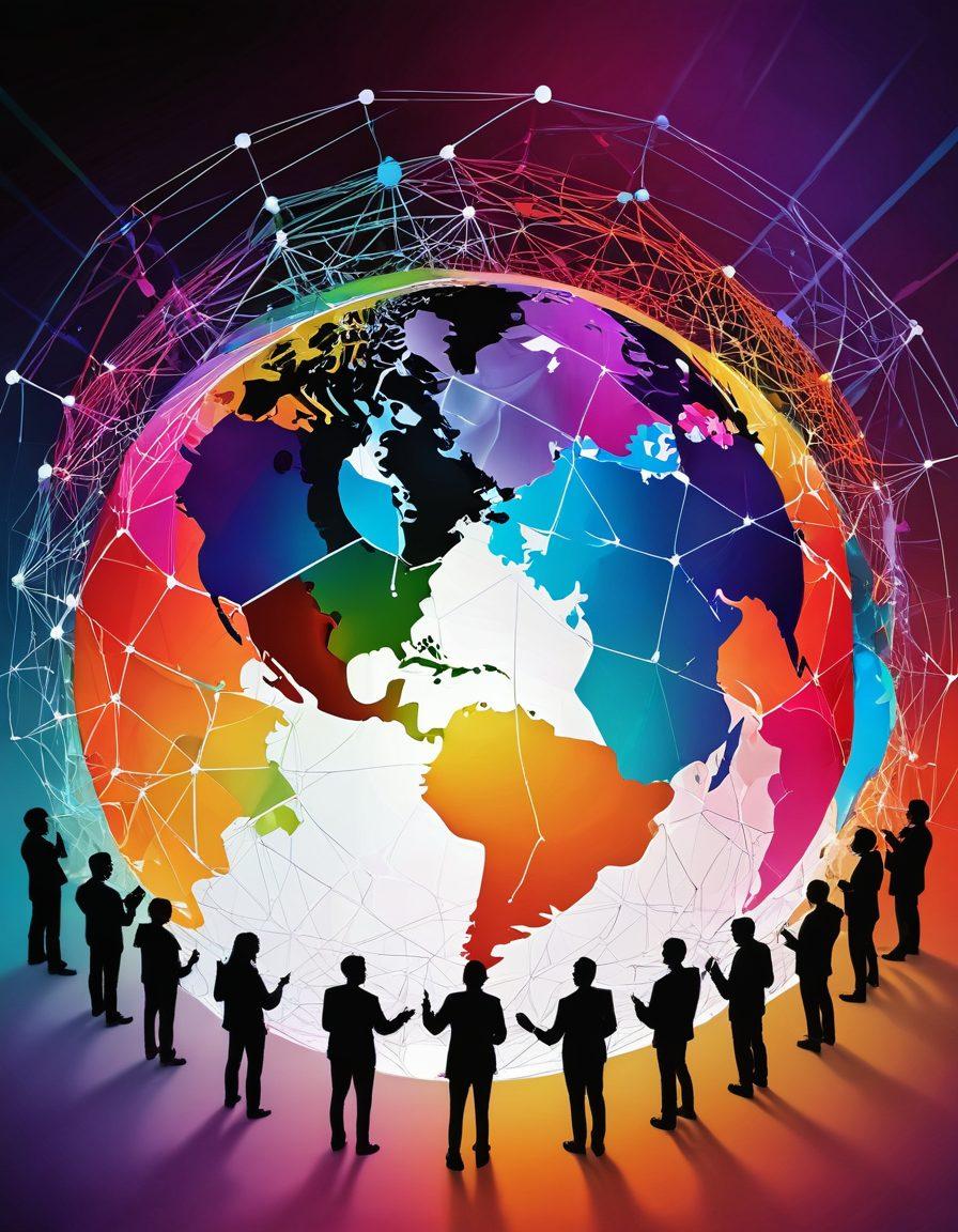 An intricate web of interconnecting paths symbolizing adult networks, with diverse silhouettes of individuals engaging in discussions around resource-sharing, depicted against a backdrop of a globe filled with vibrant colors to represent global connections. Include subtle hints of technology, like digital nodes or circuits, to emphasize connectivity. Artistic style: digital painting. minimalistic design. vibrant colors.