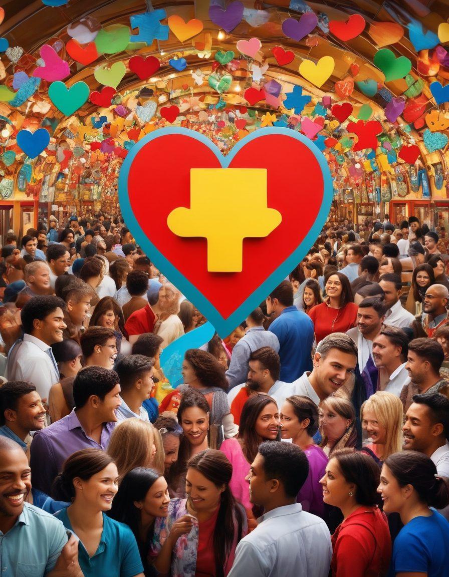 A vibrant and engaging collage showcasing diverse adult profiles, intertwined with symbols of connection such as hearts and puzzle pieces. Incorporate elements of a bustling marketplace with colorful booths and people interacting. Use soft, inviting lighting to create a warm atmosphere that conveys exploration and discovery. The overall aesthetic should be modern and inclusive, appealing to a wide audience. super-realistic. vibrant colors. 3D.